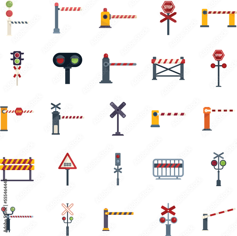 Wall mural Railroad barrier icons set flat vector. Crossing railway. Sign barrier isolated