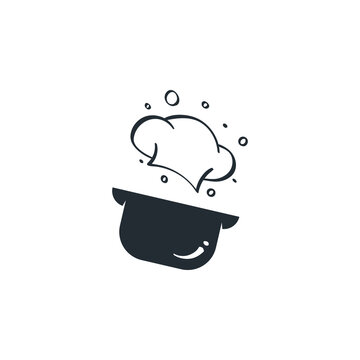 Cooking logo design with pot and chet hat icon drawing doodle vector illustration