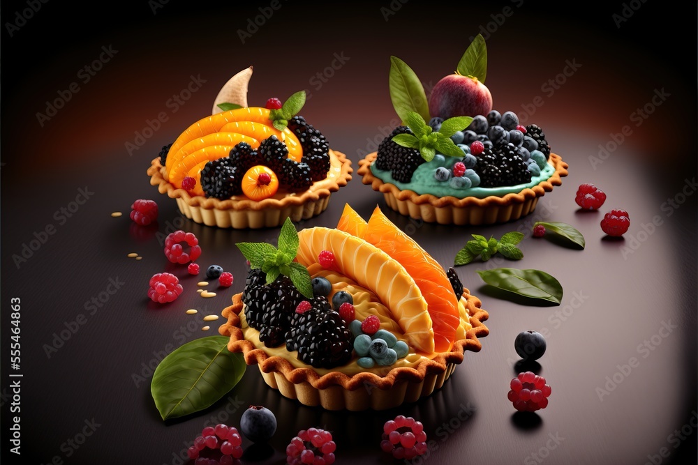 Aufkleber three small tarts with fruit and leaves on a table with berries and leaves on the table and on the g