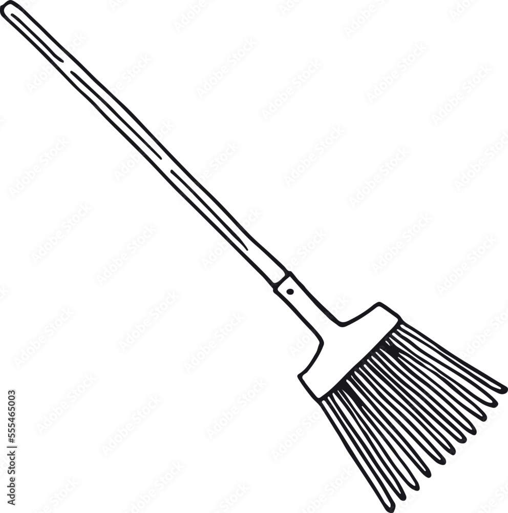 Sticker Broom sketch. Hand drawn cleaning tool doodle