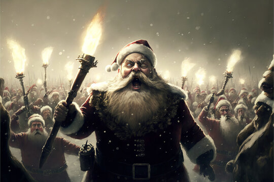 An army of angry santa clauses with torches, ready to fight, epic, cinematic, Generative AI