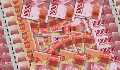 Indonesian Rupiah 100000 banknotes in a fan mosaic pattern 3d illustration - obrazy, fototapety, plakaty