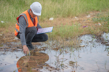 Environmental engineers inspect water quality,Bring water to the lab for testing,Check the mineral...