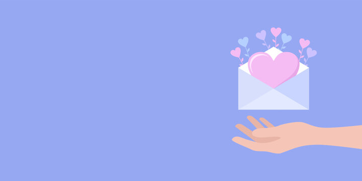 Happy Valentines day greeting banner. Hand holding envelope with big heart inside and hearts on stems around on a purple background with copy space. Flat vector illustration