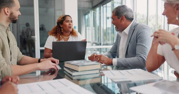 Strategy, meeting and teamwork, black woman leadership in office brainstorming with startup team. Coaching, kpi planning and communication at business meeting with management working on future vision