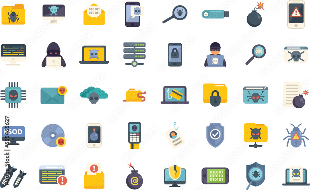 Poster malware icons set flat vector. cyber attack. risk secure isolated