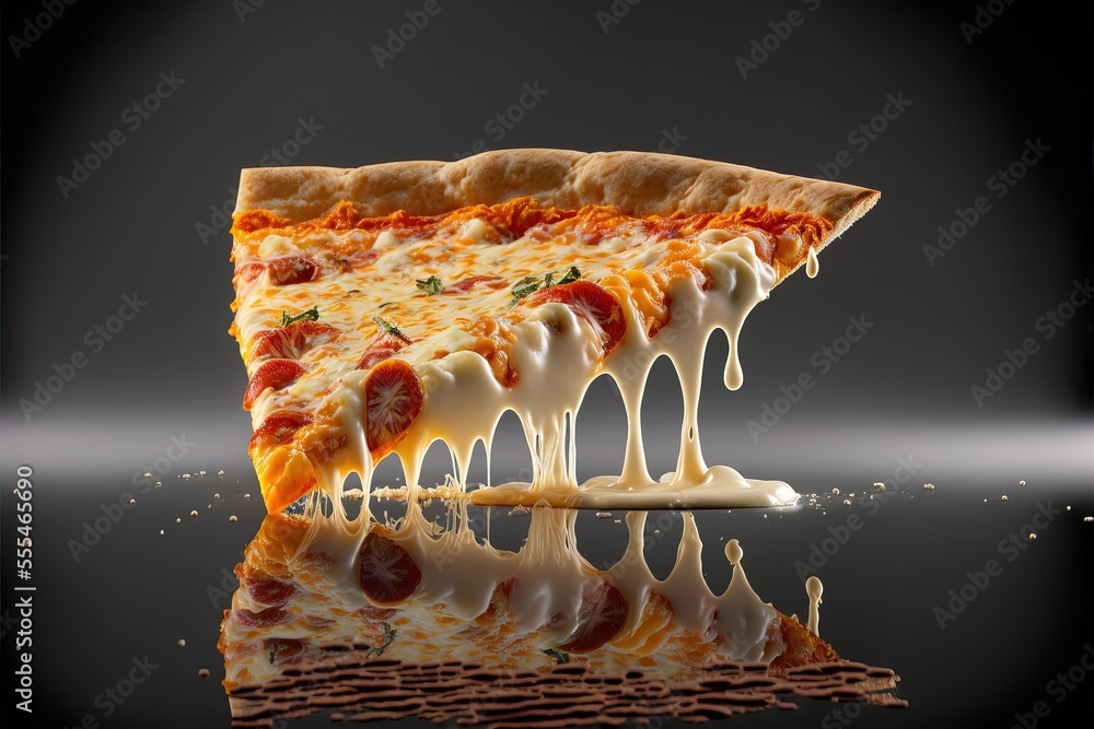 Poster a slice of pizza with cheese and pepperoni on it is being lifted from the plate by a fork., generati