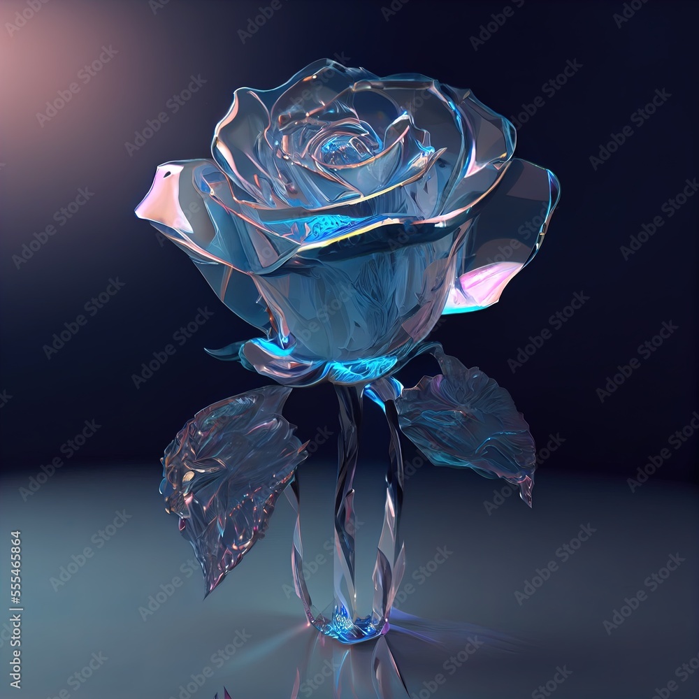 Poster a glass rose with a blue center on a table top with a black background and a reflection of the rose., generative ai