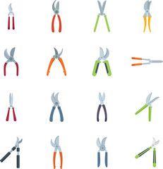 Secateurs icons set flat vector. Agriculture cut. Garden farm isolated