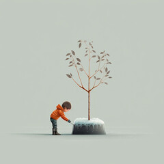 Illustration of  a male child planting a tree in the winter time. Concept go climate change and hope for future.
