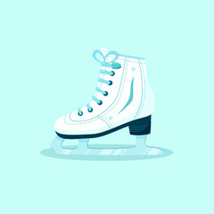 Vector flat illustration with women’s figure ice skate. Cartoon cute design in funny colors on blue square background. White winter sports isolated symbol for ice skate school poster or announce