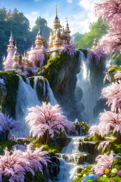 Fantasy castle landscape with flower gardens, trees and waterfalls. Background illustration. Digital matte painting.