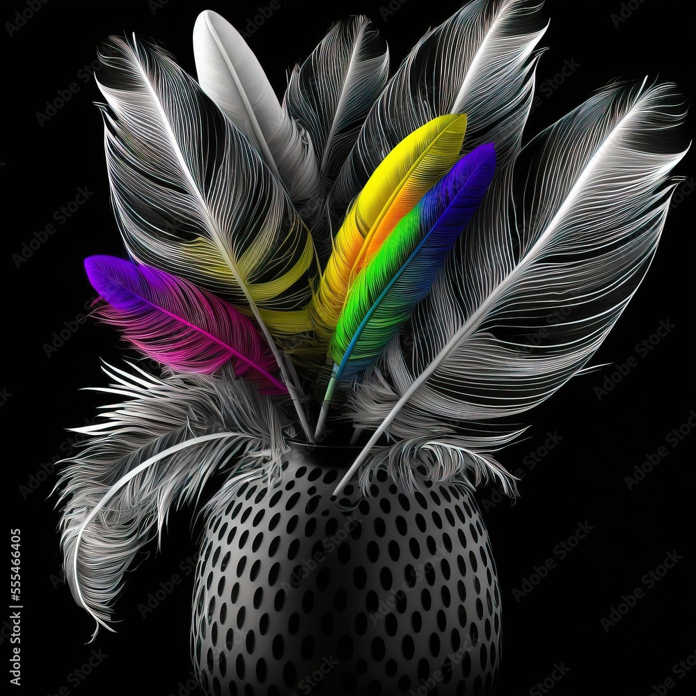 Aufkleber a vase with a bunch of feathers in it on a black background with a polka dot vase liner and polka do