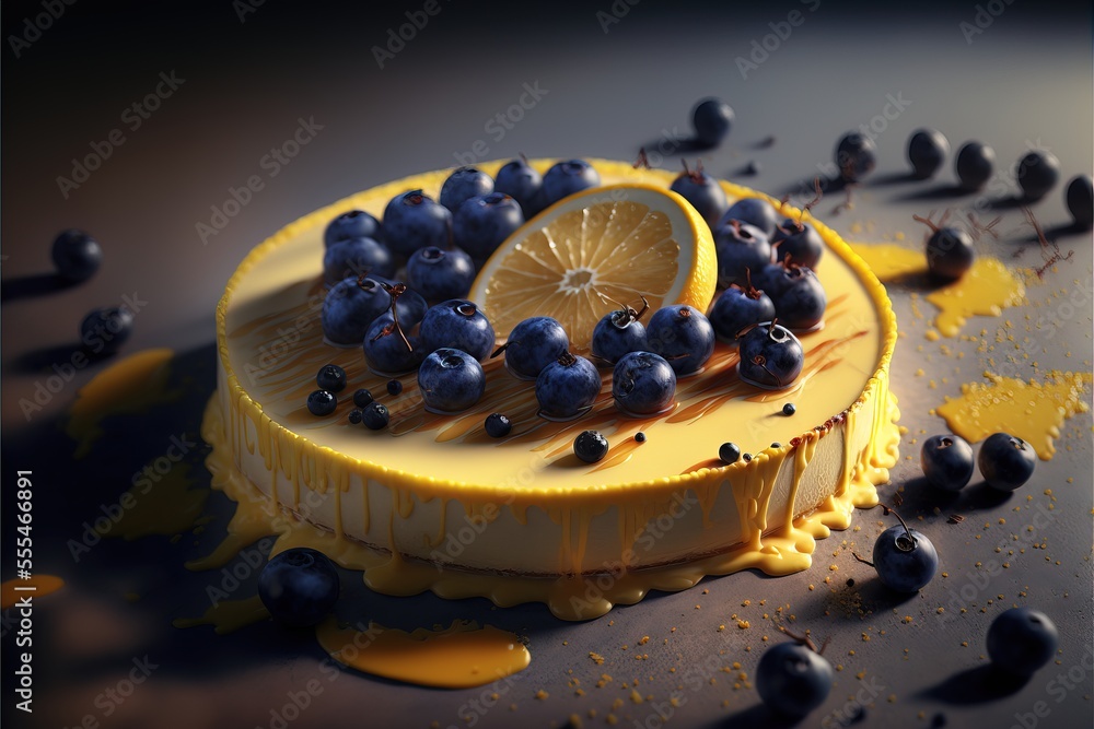 Poster a cake with a slice of lemon and blueberries on it., generative ai