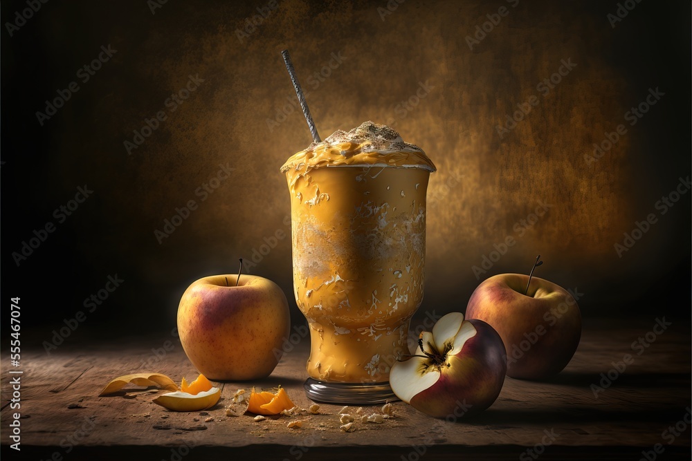 Poster a glass of ice cream and two apples on a table with a brown background and a brown background behind