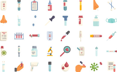 Covid test icons set flat vector. Corona prevention. Coronavirus kit isolated
