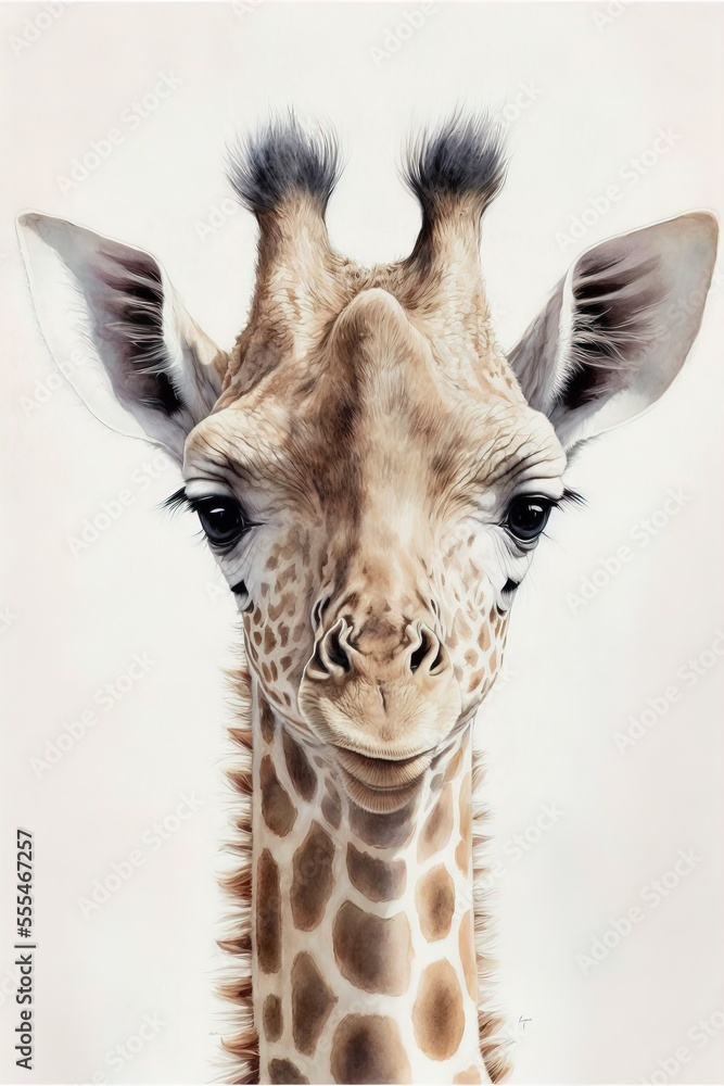 Poster a close up of a giraffe's face with a white background and a white background with a light brown spo