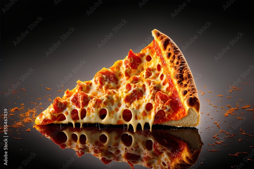 Poster a slice of pizza with cheese and pepperoni on a reflective surface with a black background and a reflection., generative ai