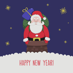 Greeting card Happy New Year with Santa Claus got stuck in the chimney, flat vector illustration