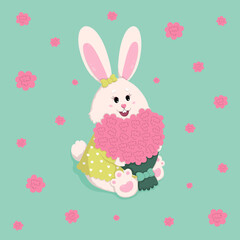Greeting card Rabbit girl with a bouquet of roses, hand drawn illustration in cartoon design