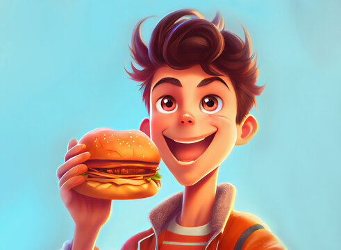 young man teenager enjoying his hamburger meal, isolated on clean background with copyspace