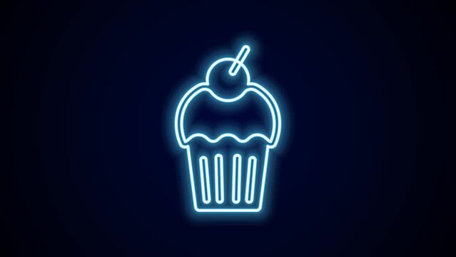 Glowing neon line Muffin icon isolated on black background. 4K Video motion graphic animation