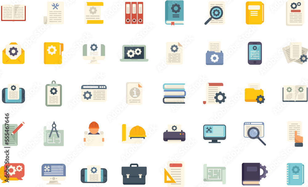 Aufkleber technical document icons set flat vector. building manual. plan paper isolated