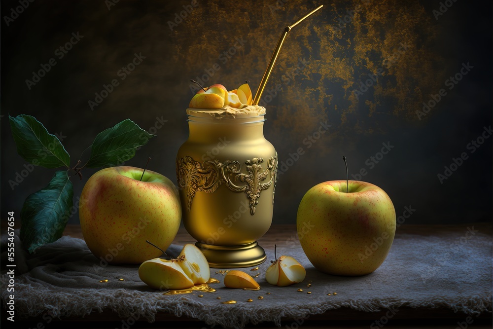 Aufkleber a painting of apples and a jar of gold paint on a table with a cloth and a leaf on it., generative a