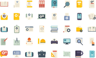Fototapeta premium Technical document icons set flat vector. Building manual. Plan paper isolated
