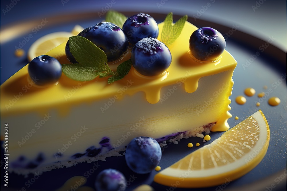 Poster a piece of cake with blueberries and lemon on a plate with a slice of lemon and some blueberries., g