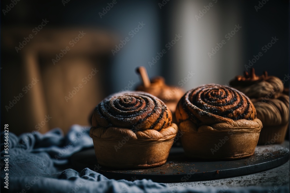 Poster a plate of cinnamon rolls on a table with a blue cloth on it and a pumpkin in the background., gener