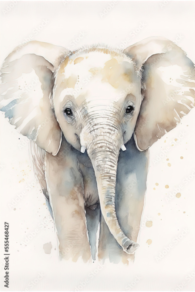 Poster a painting of an elephant with a white background and a brown spot on the elephant's ear and trunk.,