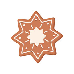 Gingerbread star shaped cookie. Vector illustration of sweet homemade snack with icing for winter holiday. Cartoon ginger biscuit of star shape isolated on white background. Christmas, dessert concept