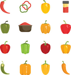 Paprica icons set flat vector. Capsicum bell. Chilli vegetable isolated