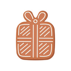 Gingerbread present cookie. Vector illustration of sweet homemade snack with icing for winter holidays. Cartoon ginger biscuit of present shape isolated on white background. Christmas, dessert concept