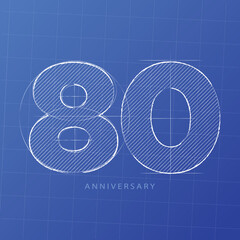 Handwriting, Celebrating, anniversary of number 80th year anniversary, birthday. Sketch on blueprints construction design for invitation card, backdrop, label, logo , advertising or stationary