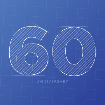 Handwriting, Celebrating, anniversary of number 60th year anniversary, birthday. Sketch on blueprints construction design for invitation card, backdrop, label, logo , advertising or stationary