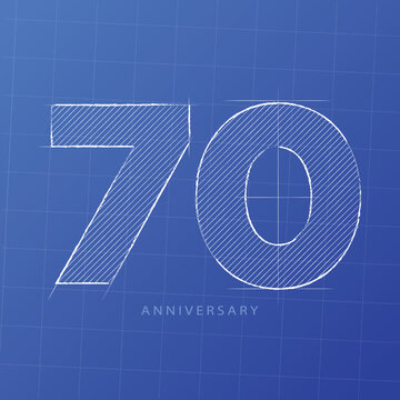 Handwriting, Celebrating, anniversary of number 70th year anniversary, birthday. Sketch on blueprints construction design for invitation card, backdrop, label, logo , advertising or stationary