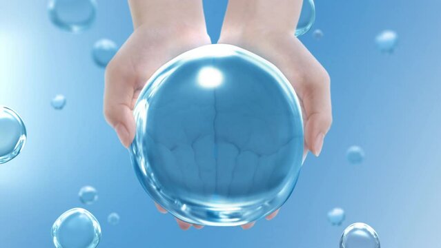Female hands cupped together holding clean water drop on blue bubble background. 3D animation loop concept for healthcare, sanitizer hygiene, covid-19 vaccine, clean renewable energy, and beauty care.