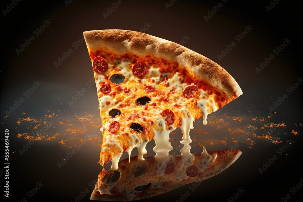 Poster a slice of pizza with pepperoni and cheese on a black background with a reflection of the pizza on t