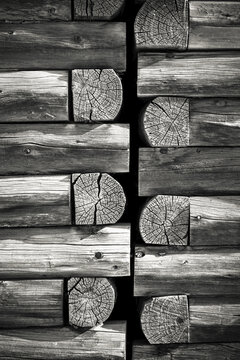 Detail of worn, weathered interlaced cabin timbers, South-central Alaska; Palmer, Alaska, United States of America