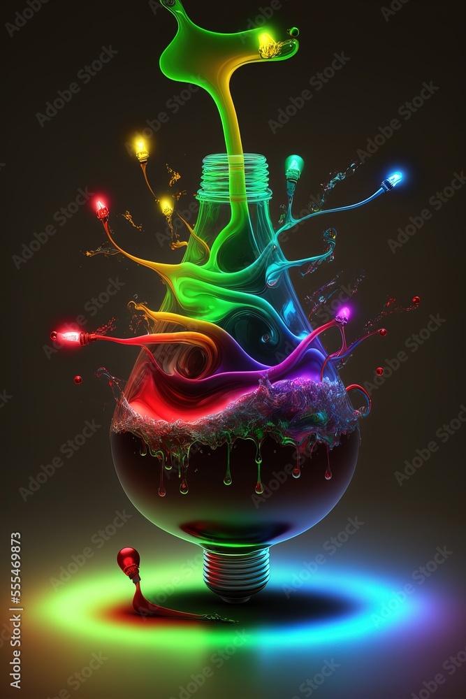 Poster a colorful liquid filled vase with a light bulb on top of it and a small figure standing in the midd