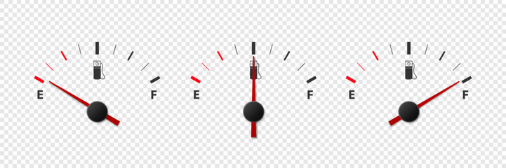 Vector 3d Realistic Gas Fuel Tank Gauge, Oil Level Bar Set Isolated. Full and Empty. Display Board, Fuel Gauge Panel, Car Dashboard Details. Fuel Indicator, Gas Meter, Sensor. Design Template