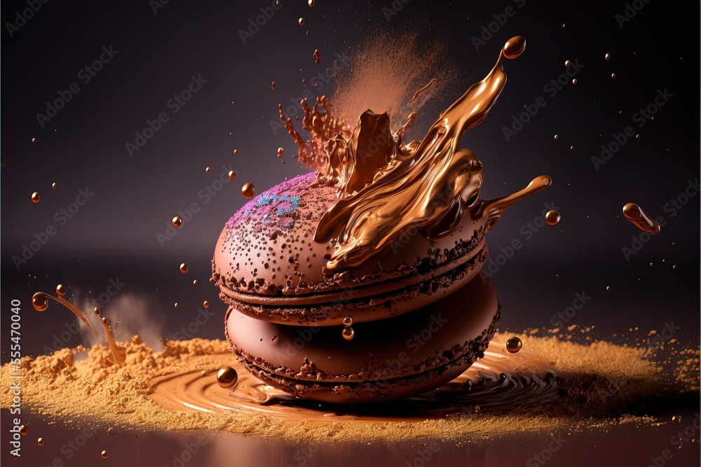 Poster a chocolate cake with a splash of chocolate on top of it and a liquid pouring out of it on a table.,