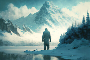 Yeti or Abominable Snowman in snow covered mountain landscape. Generative AI. - obrazy, fototapety, plakaty