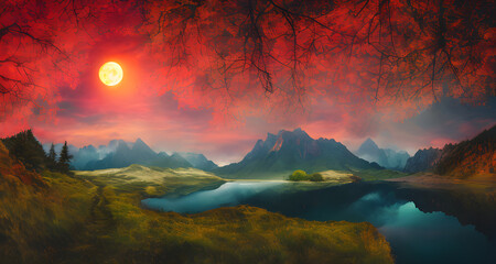 AI Digital Illustration Red Tone Landscape With Water Reflection and Moon