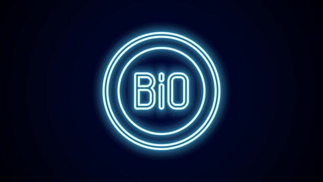 Glowing neon line Banner, label, tag, logo for bio green healthy food icon isolated on black background. Organic product. Healthy food sticker. 4K Video motion graphic animation