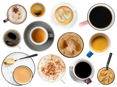 Set of coffee cups isolated top view