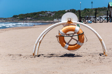 Life preservers and rope used on the beaches of Mar del Plata to rescue people in danger of...