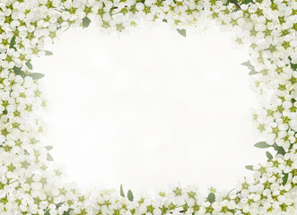 Obraz na płótnie Canvas Spring twigs of spiraea flowers in a floral frame on white background